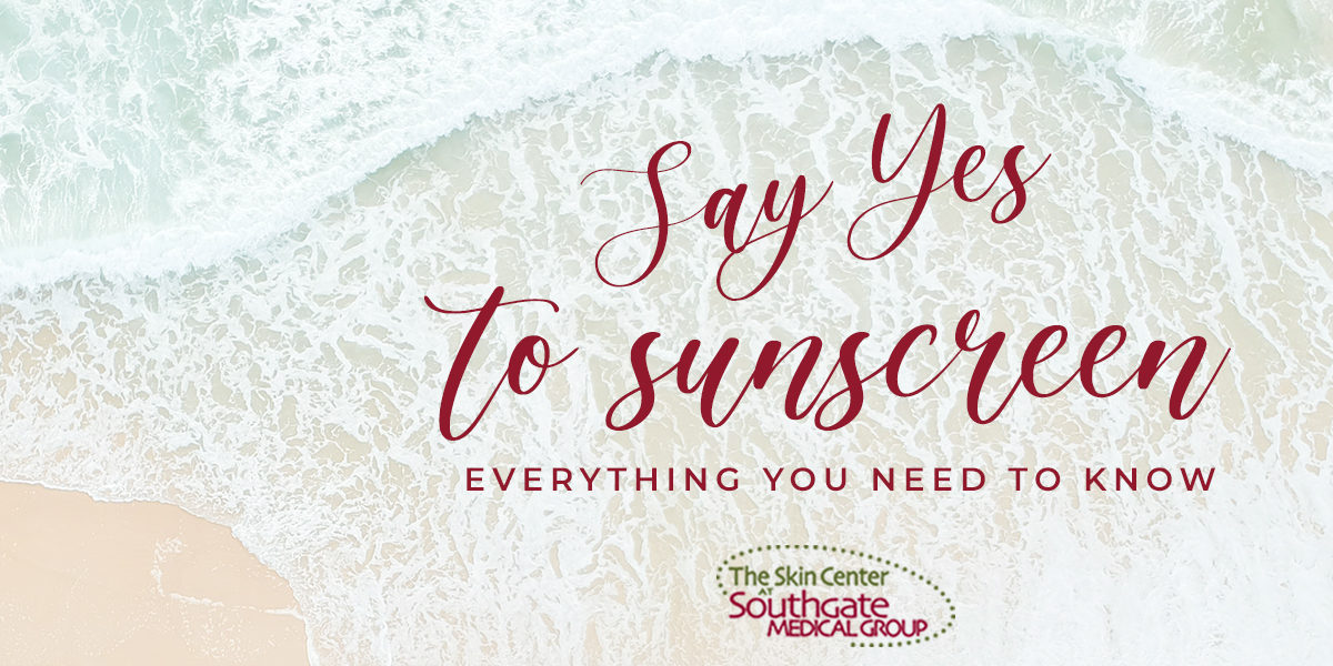 Southgate-Sunscreen "Say yes to sunscreen: Everything you need to know" is displayed over an aerial view of waves breaking onto the shore of a beach