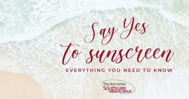 Southgate-Sunscreen "Say yes to sunscreen: Everything you need to know" is displayed over an aerial view of waves breaking onto the shore of a beach