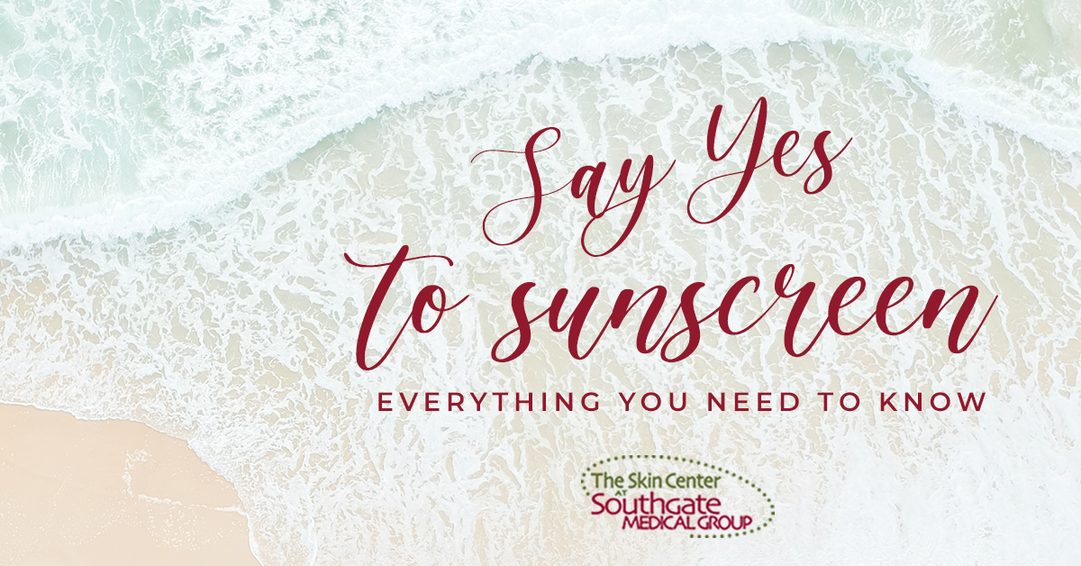 Southgate-Sunscreen "Say yes to sunscreen: Everything you need to know" is displayed over an aerial view of waves breaking onto the shore of a beach