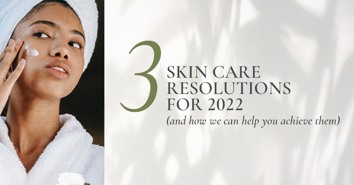 SOUTHGATE_SKIN_CENTER_JAN_BLOG IMAGE: A young woman, wearing a terrycloth towel and head wrap, applies skin care cream to her right cheek. TEXT: 3 Skin Care Resolutions for 2022 (and how we can help you achieve them)