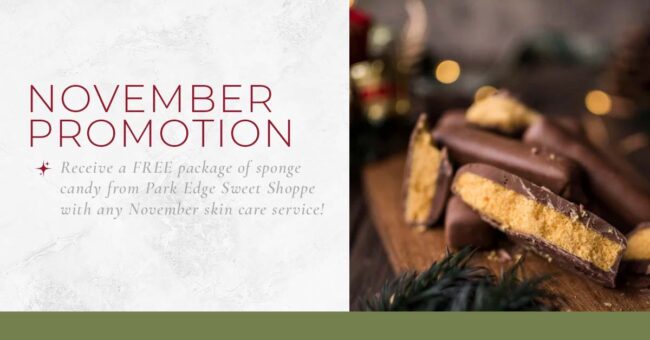 The Skin Center_November Special_Free Sponge Candy NOVEMBER PROMOTION: Receive a free package of sponge candy from Park Edge Sweet Shoppe with any November skin care service! IMAGE: A cross section of milk chocolate sponge candy with an orange, spongey filling, set on a piece of wood with a nondescript, Christmas-esque background.