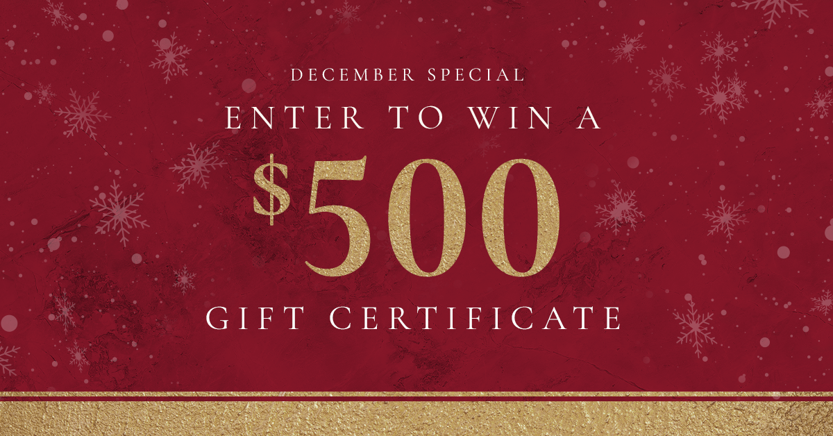 The Skin Center- December Special The Skin Center: TEXT: "DECEMBER SPECIAL. ENTER TO WIN A $500 GIFT CERTIFICATE." IMAGE: White and gold lettering on a dark red, rextured background with white snowflakes, falling snow, on top of a horizontal golden border at the bottom.