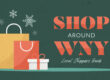The Skin Center: "SHOP AROUND WNHY: Local Shoppers Guide. IMAGE: snowflakes falling in two shopping bags and a holiday box in front of a solid green backdrop.
