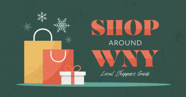 The Skin Center – Local Shoppers Guide The Skin Center: "SHOP AROUND WNHY: Local Shoppers Guide. IMAGE: snowflakes falling in two shopping bags and a holiday box in front of a solid green backdrop.