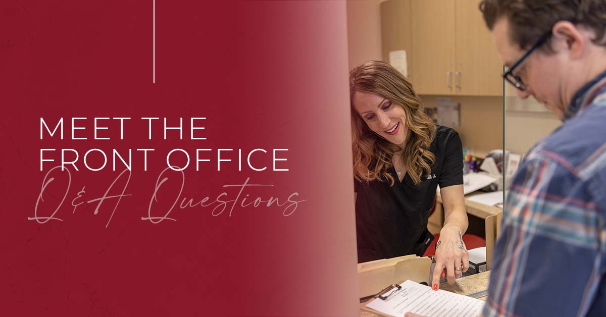 The Skin Center – Meet Jillian Jonathan The Skin Center: TEXT: Meet the front office: Q&A Questions. IMAGE: Jillian Jonathan, a skin care expert and woman with dirty blonde hair and a black shirt, advises a male skin care customer at a receptionist's window inside a skin center.