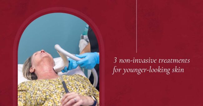 The Skin Center_3 non-invasive treatments The Skin Center: 3 noninvasive treatments for younger-looking skin. IMAGE: A skin care patient lies comfortably while a skin care expert with blue medical gloves administers Sofwave, a non-invasive skin care procedure, to the patients neck.