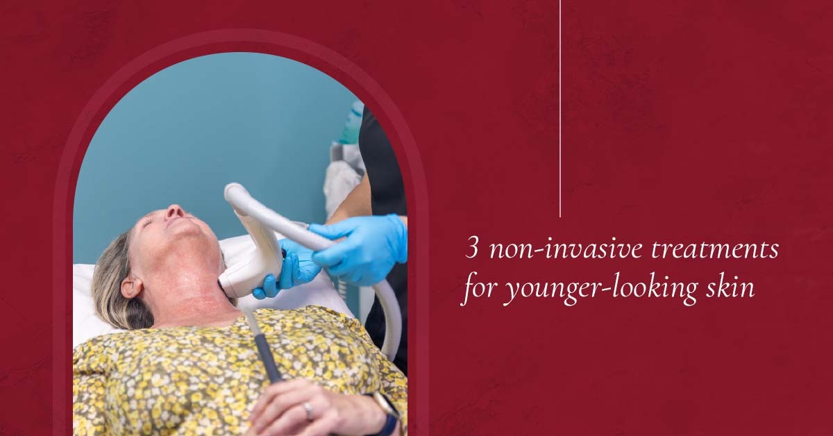 The Skin Center_3 non-invasive treatments The Skin Center: 3 noninvasive treatments for younger-looking skin. IMAGE: A skin care patient lies comfortably while a skin care expert with blue medical gloves administers Sofwave, a non-invasive skin care procedure, to the patients neck.