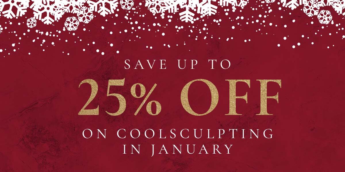 The Skin Center_January Special The Skin Center January Special: SAVE UP TO 25% OFF ON COOLSCULPTING IN JANUARY. Image: A red and white background with snowflakes at the top and gold lettering below.