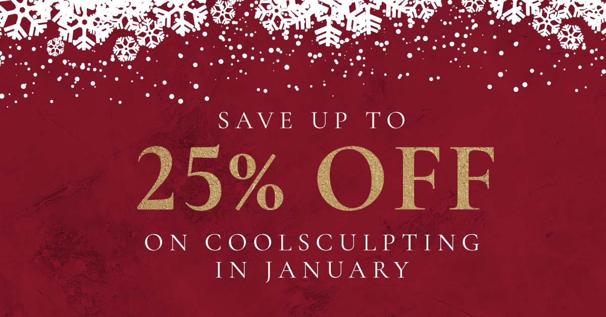The Skin Center_January Special The Skin Center January Special: SAVE UP TO 25% OFF ON COOLSCULPTING IN JANUARY. Image: A red and white background with snowflakes at the top and gold lettering below.