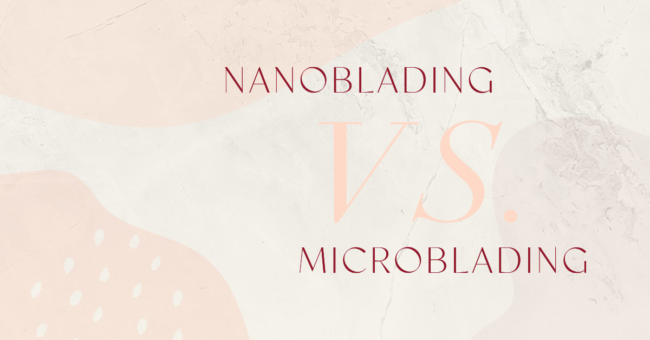 The Skin Center_Nanoblading-vs-Microblading The Skin Center: Nanoblading vs. Microblading. IMAGE: "NANOBLADING VS. MICROBLADING" on a nondescript background of pink/peach colors and shapes.