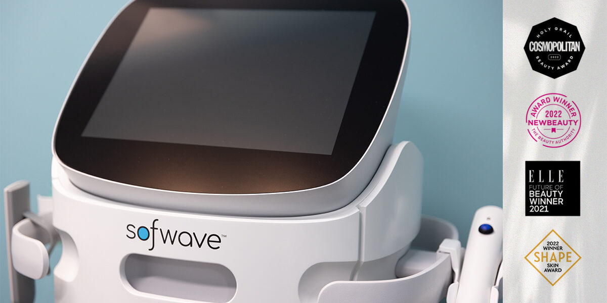 The Skin Center_New Skin Care Treatment The Skin Center: IMAGE: A Sofwave skin treatment machine displays a blank screen. Four logos display various awards. Read the blog for more.