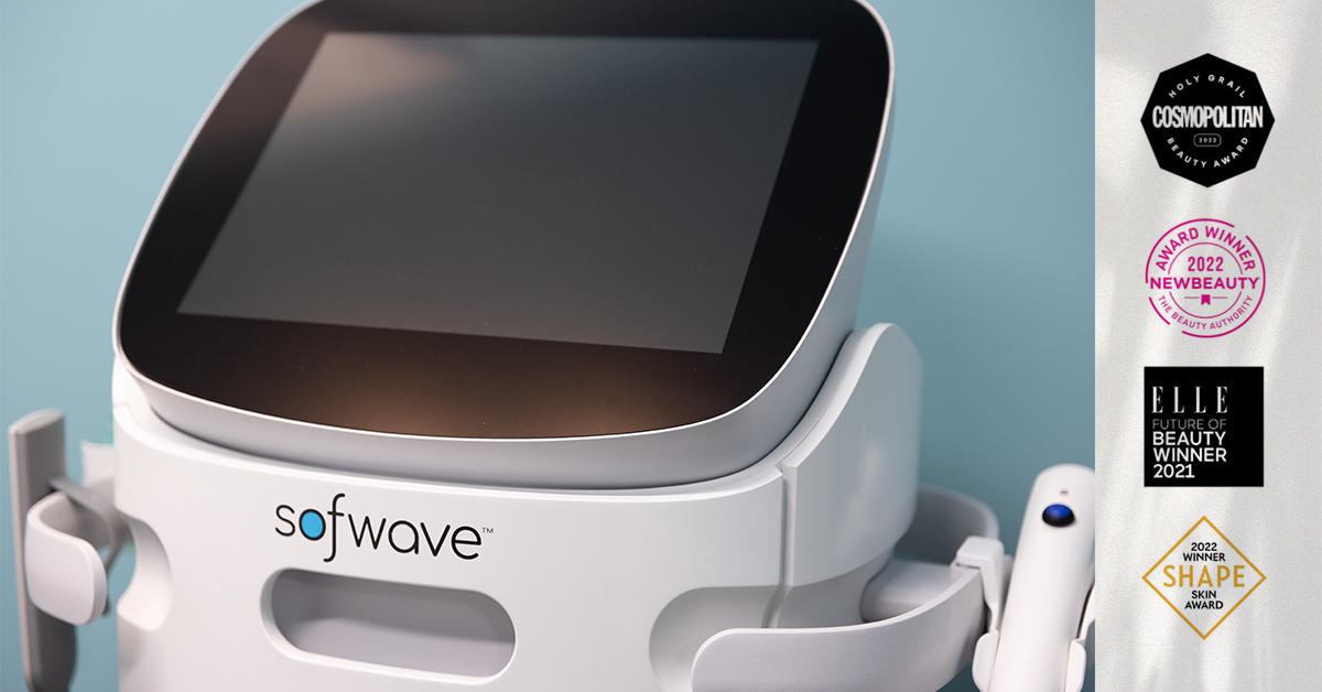 The Skin Center_New Skin Care Treatment The Skin Center: IMAGE: A Sofwave skin treatment machine displays a blank screen. Four logos display various awards. Read the blog for more.