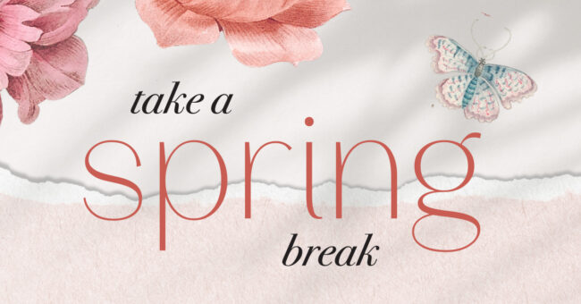 SOUTHGATE_SKIN_CENTER_1200x628 The Skin Center: "take a spring break" with pink flowers in the top left, a pink and blue butterfly in the top left, and an aerial shot of a beach breaking across the center of the image.