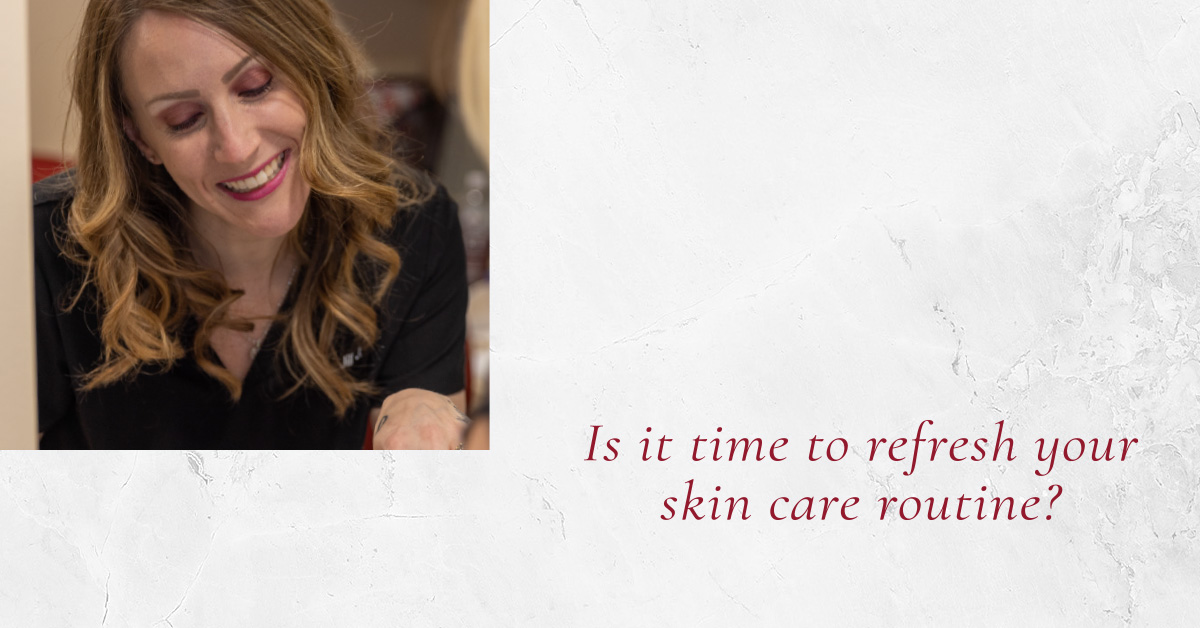 SOUTHGATE_SKIN_CENTER_1200x628_Jill The Skin Center: Is it time to refresh your skin care routine? Image: A blonde woman smiles as she shows a skin care patient some information at a reception desk.