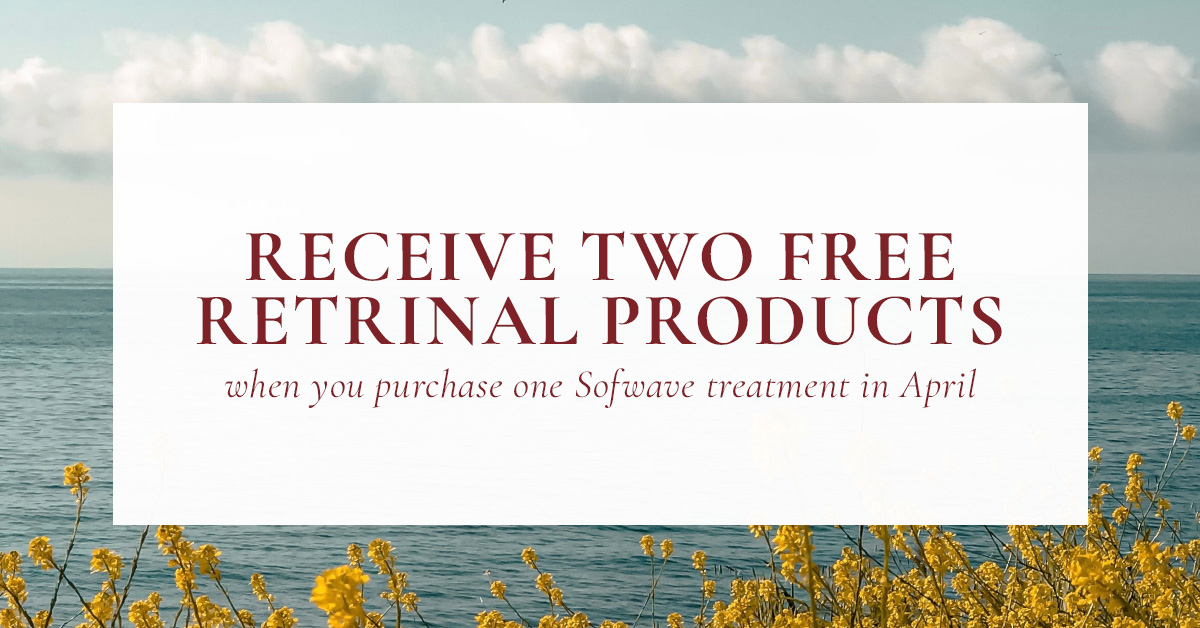 The Skin Center_April Special 2023 The Skin Center. TEXT: RECEIVE TWO FREE RETRINAL PRODUCTS when you purchase one Sofwave treatment in April. IMAGE: A white box with dark red text on top of a scenic view (photo) of a horizon featuring golden grass in the foreground, a blue body of water in the middle ground, and white clouds among a blue sky in the background.